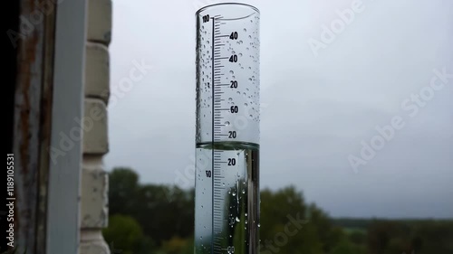 Transparent rain gauge collecting rainwater near window with water droplets clinging to its surface, against a blurred background of trees and overcast sky