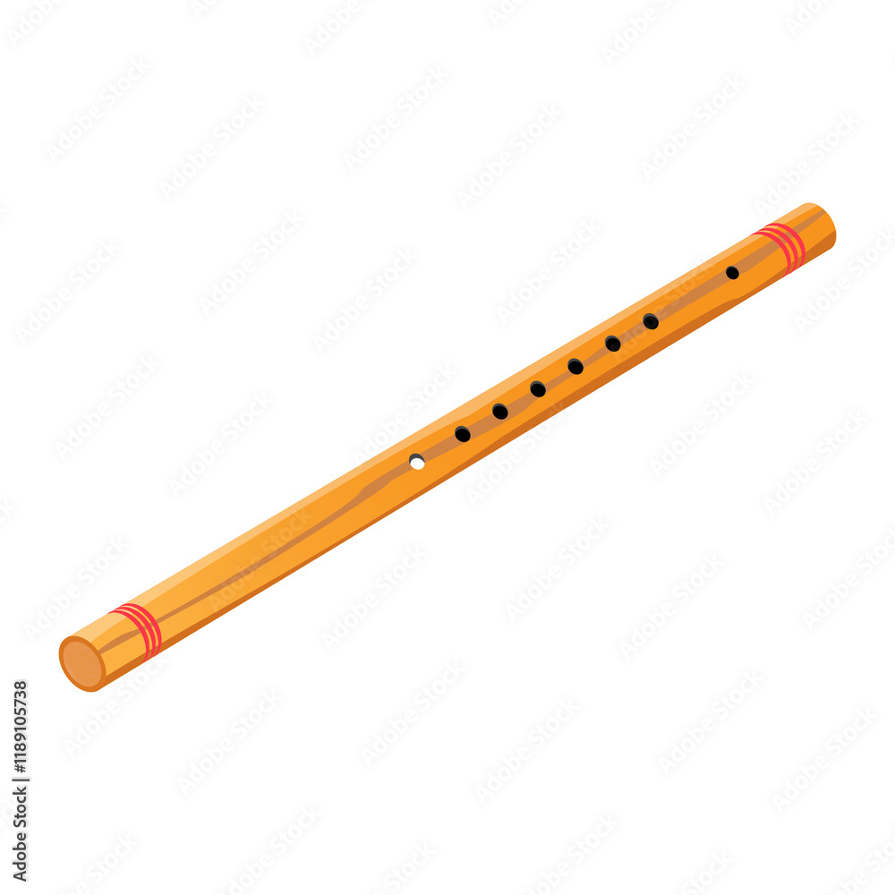 Beautiful wooden flute illustration with red rings for decoration isolated over white background.Classical musical instrument Flute graphic icon for design purposes.Minimalist flute icon. Beautiful wooden flute illustration with red rings for decoration isolated over white background.Classical musical instrument Flute graphic icon for design purposes.Minimalist flute icon.