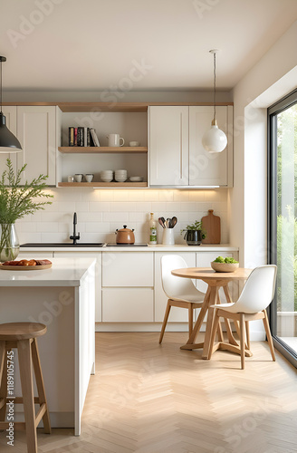 Interior design of a modern kitchen. country style dining table and chairs 