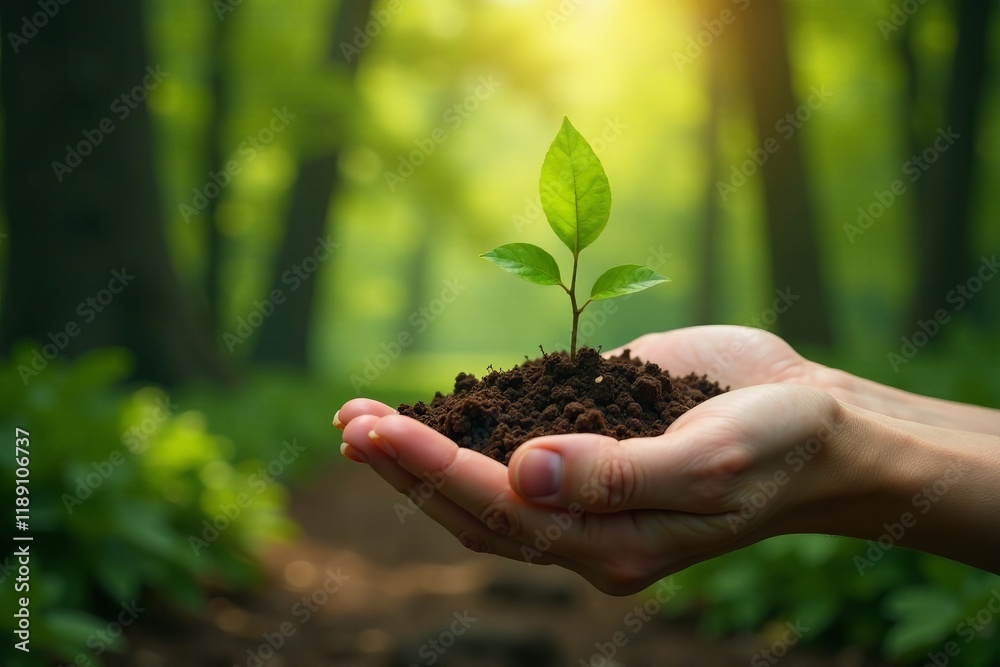 A hand nurturing a young sprout in rich soil amidst a vibrant forest environment. A hand nurturing a young sprout in rich soil amidst a vibrant forest environment.