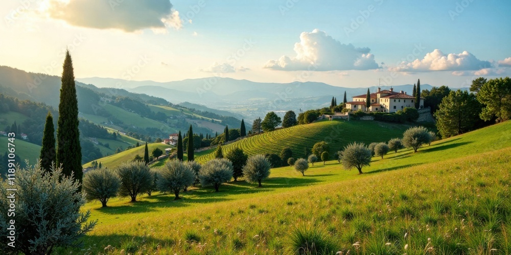 Naklejka premium Serene Villa on Rolling Hills with Vineyard and Cypress Trees