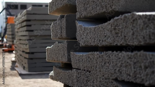 Construction workers neatly stacking insulated concrete forms - icf - at industrial building site, showcasing modern building materials preparation for architectural development projects photo