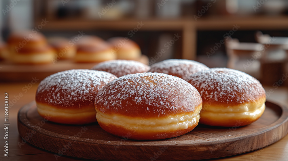 Small, sweet, cheese-filled doughnuts dusted with powdered sugar on a wooden plate, with a rustic-style kitchen background. Small, sweet, cheese-filled doughnuts dusted with powdered sugar on a wooden plate, with a rustic-style kitchen background.
