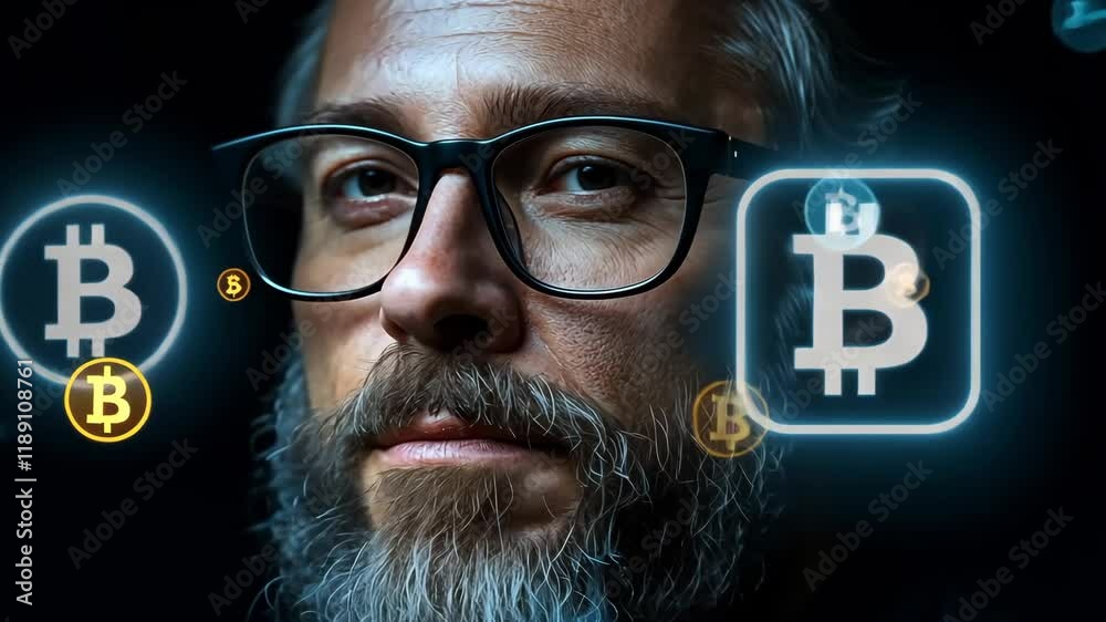 Crypto trader or investor. portarait of a middle-aged man with beard and glasses surrounded by coins logo