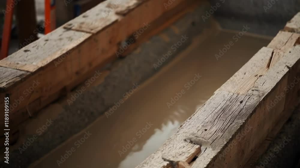 Liquid concrete streaming into wooden formwork, forming foundational base for emerging architectural structure at active construction site with ongoing development work Liquid concrete streaming into wooden formwork, forming foundational base for emerging architectural structure at active construction site with ongoing development work