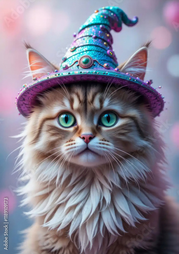 Adorable Fluffy Kitten Wearing a Sparkling Witch Hat Fantasy Artwork photo