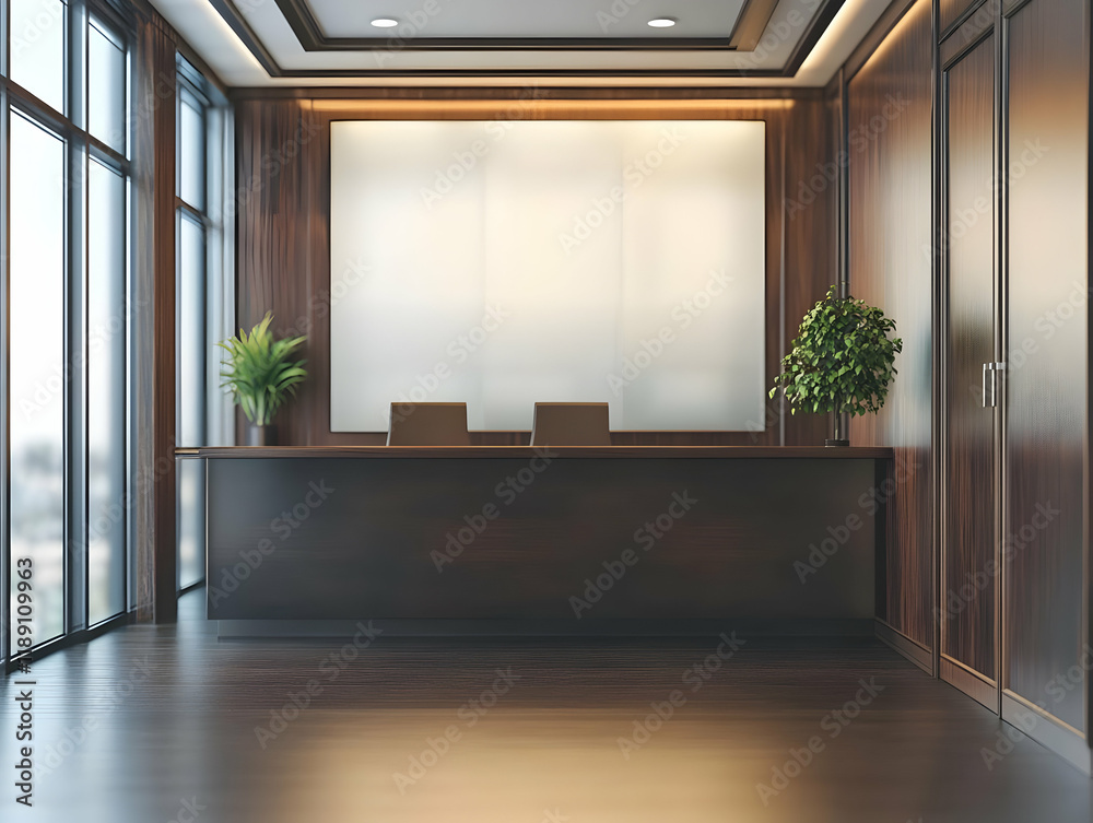 Obraz premium Modern office reception area with wooden accents and large windows.