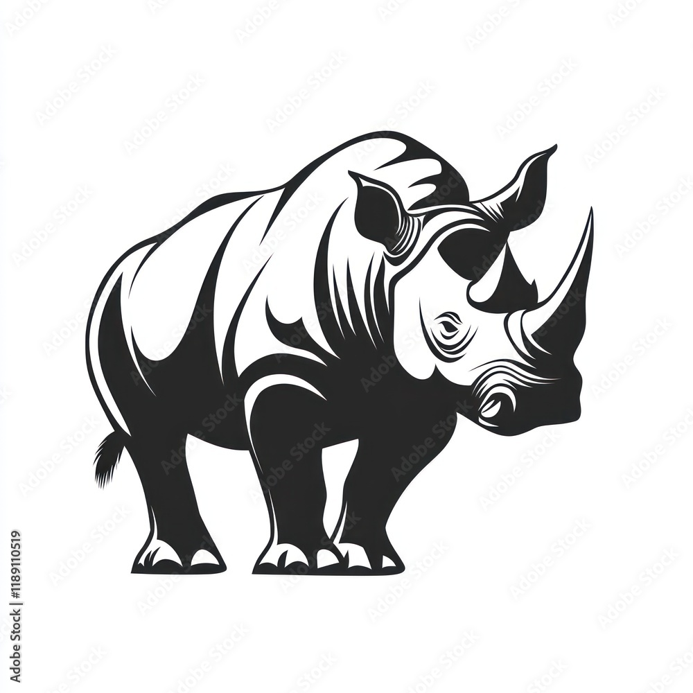 Fototapeta premium Monochrome rhino illustration, wildlife design, white background, logo use