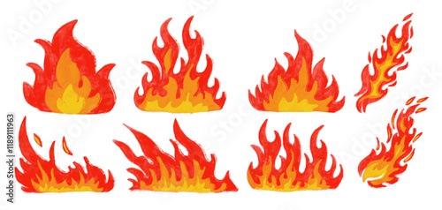 Set of cute hot burning fire flame illustration crayon watercolor doodle kids children drawing style