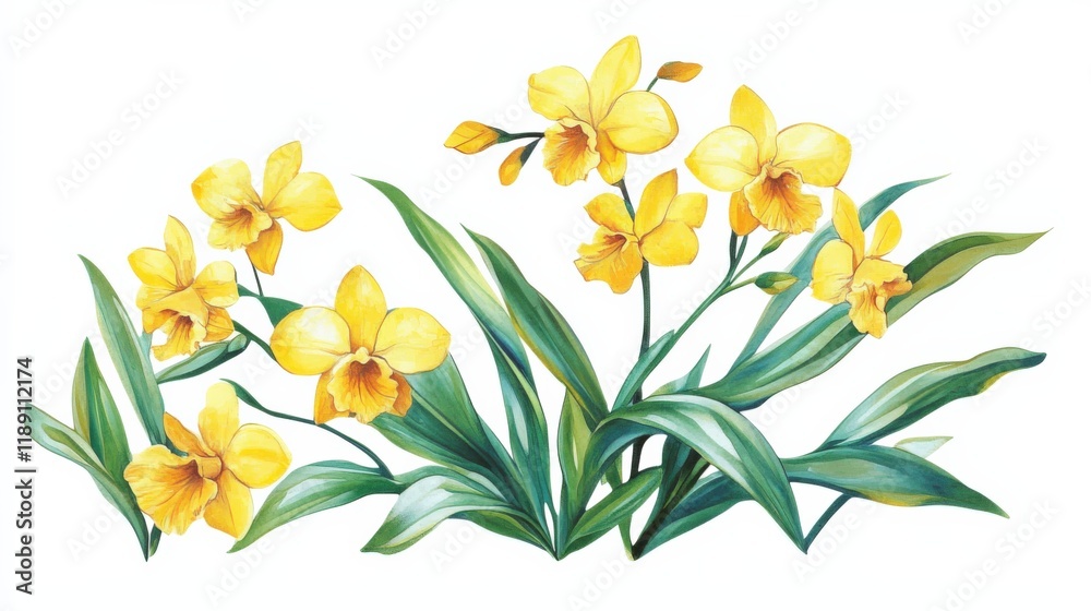 Fototapeta premium yellow orchid flowers and green leaves