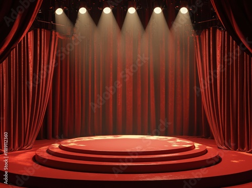 Cinematic lighting casts shadows on an empty podium, red curtains in the background.
