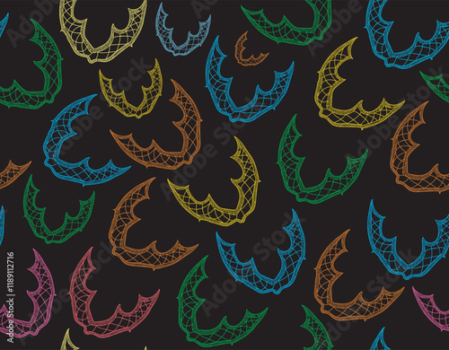 Decorative Halloween vector seamless pattern with handwritten multicolored flying figured bats