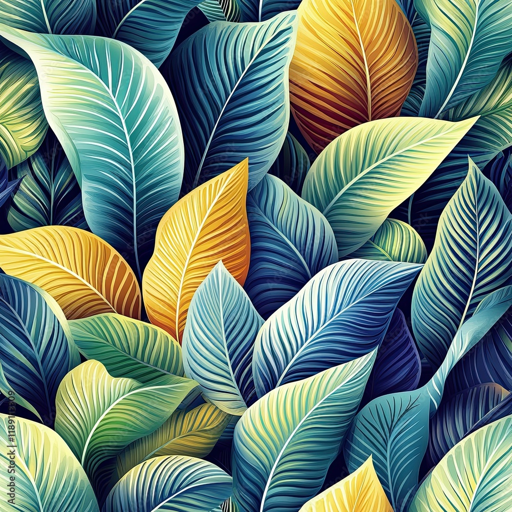 Vibrant Seamless Pattern of Overlapping Tropical Leaves Design Vibrant Seamless Pattern of Overlapping Tropical Leaves Design