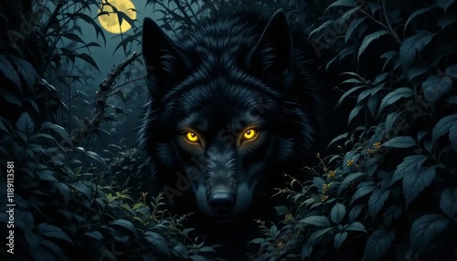 A Black Wolf's Glowing Gaze in the Moonlight Night Forest