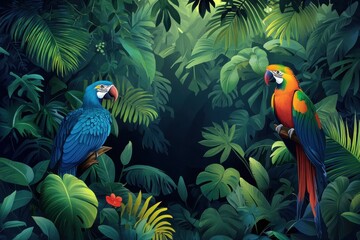 Crédence de cuisine  Two Macaws Resting Amid Lush Tropical Foliage  © NpicArt