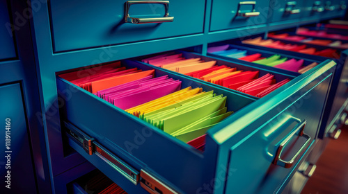 Colorful filing cabinet drawers organized with vibrant folders in an office setting showcasing an efficient workspace arrangement photo