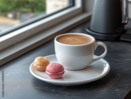 Photo of food: a cup of coffee with macarons.