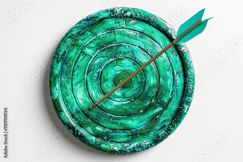 Creative illustration of green round shaped target with thin arrow representing concept of setting goals correctly on white background