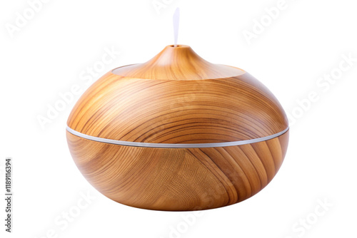 Modern essential oil diffuser with natural wood grain design, emitting mist, perfect for aromatherapy and home relaxation, on white background