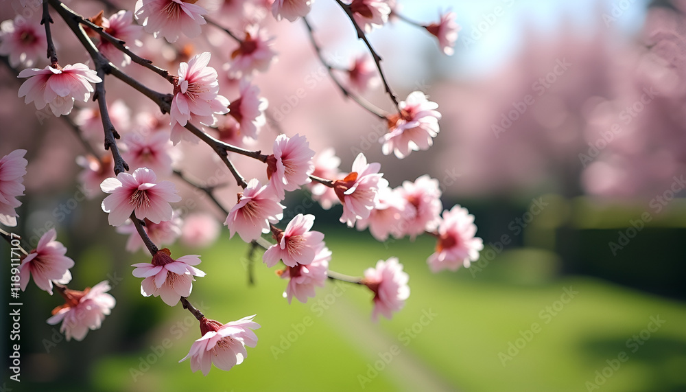 Blooming cherry tree branches with pink flowers against a blurred spring garden
Blooming cherry tree branches with pink flowers against a blurred spring garden