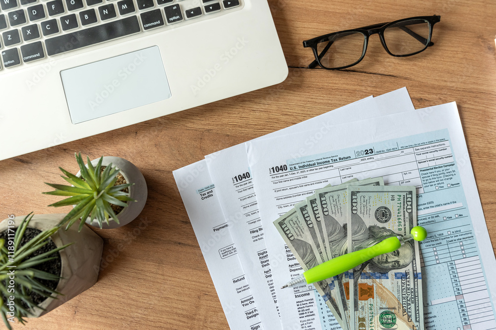 Φωτογραφία US 1040 tax form with dollar pen and laptop, april tax season