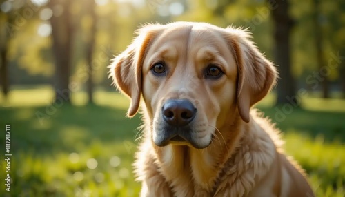 Golden Retriever Dog in a Sunny Park: A Portrait of Canine Serenity photo