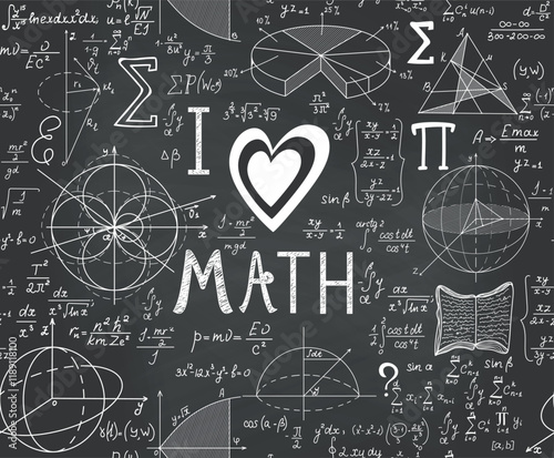 Educational vector seamless pattern with handwritten word "Math", mathematical tasks, formulas and figures