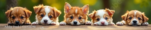 Adorable puppies with curious expressions enjoying a sunny day outdoors. photo