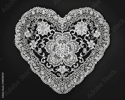 Intricate Black and White Heart-Shaped Doily Illustration with Floral Pattern