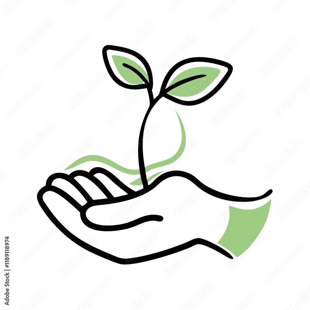 Hand holding sprouting plant with leaves Hand holding sprouting plant with leaves