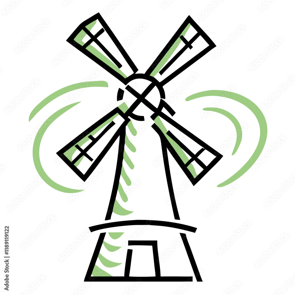 A windmill in green and black outline style A windmill in green and black outline style