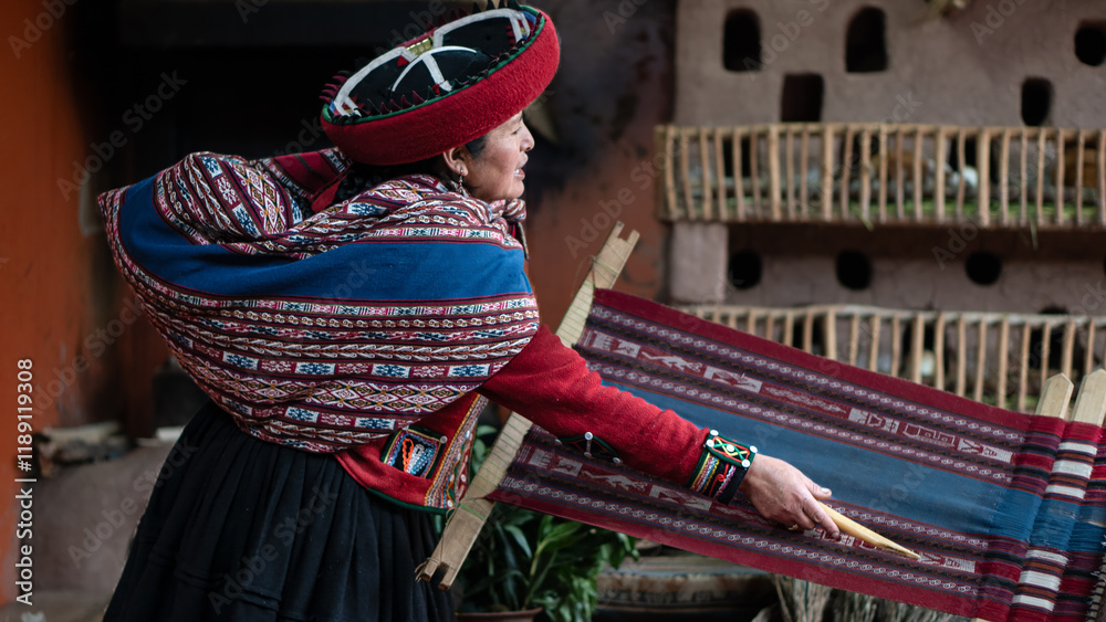 Obraz na plátně Peruvian artisan weaving traditional textile on wooden loom