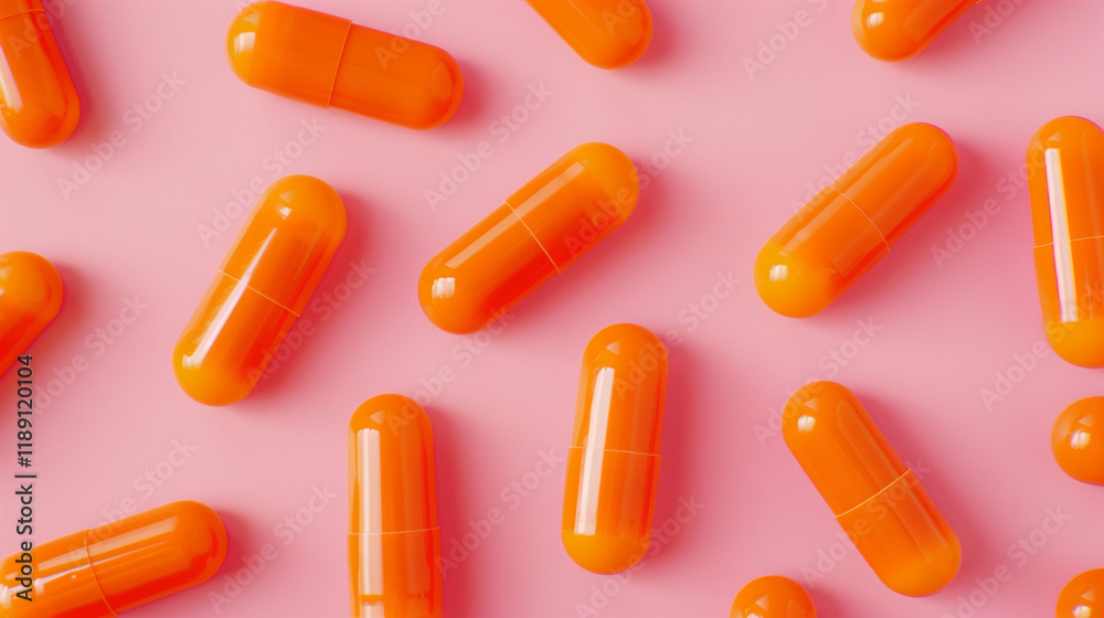 Close-up of vibrant orange tablets scattered on a bright pink background Close-up of vibrant orange tablets scattered on a bright pink background