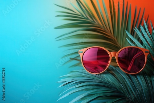 minimalist summer vacation concept geometric paper art style palm tree and sunglasses arrangement on vibrant gradient background with copy space photo