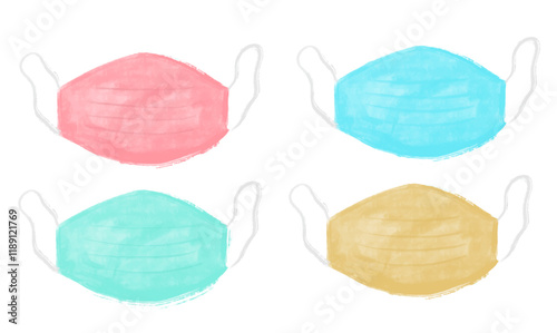 Set of soft pastel colorful face mouth mask watercolor illustration design prevention virus disease epidemic pink blue green yellow