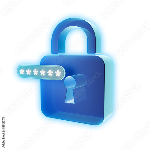 Cybersecurity Lock: A vibrant blue padlock with glowing password input, symbolizing digital security and data protection in a modern, abstract 3D rendering. photo
