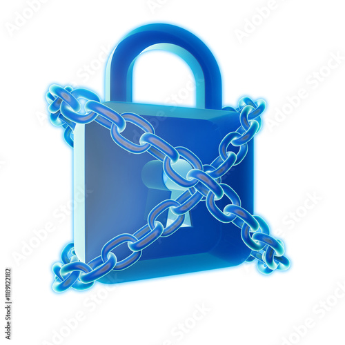 Unbreakable Security: A 3D rendering of a gleaming blue padlock encircled by strong chains, symbolizing impenetrable digital fortress protecting sensitive data.