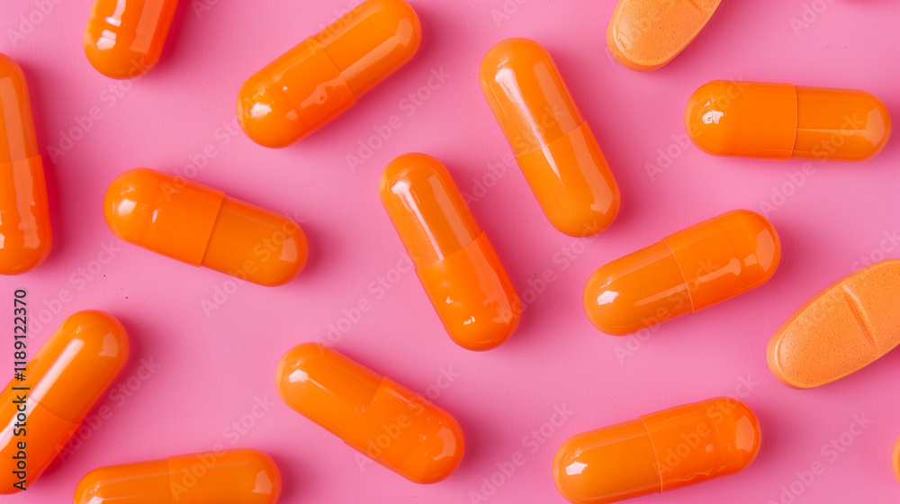 Close-up of vibrant orange tablets scattered on a bright pink background Close-up of vibrant orange tablets scattered on a bright pink background