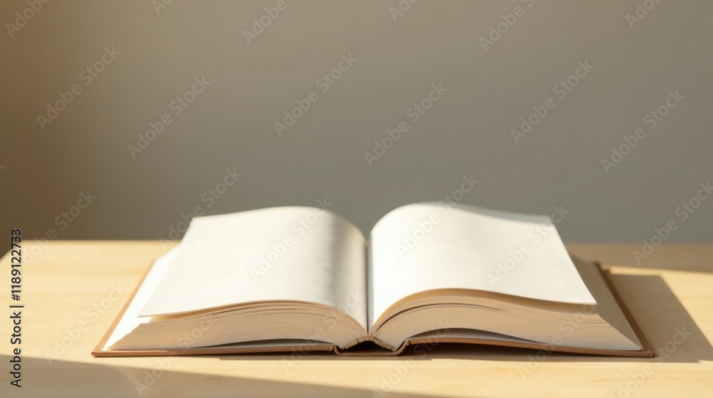 Open Book on Wooden Table in Sunlight A Scene of Tranquility and Potential Open Book on Wooden Table in Sunlight A Scene of Tranquility and Potential