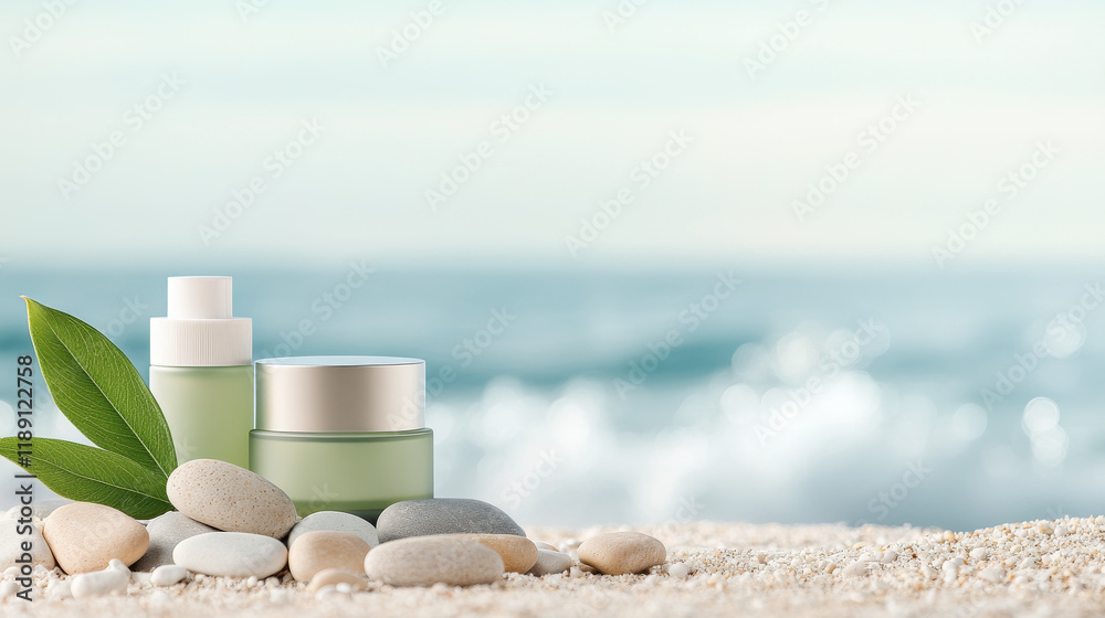 Natural skincare products on sandy beach with pebbles and ocean Natural skincare products on sandy beach with pebbles and ocean