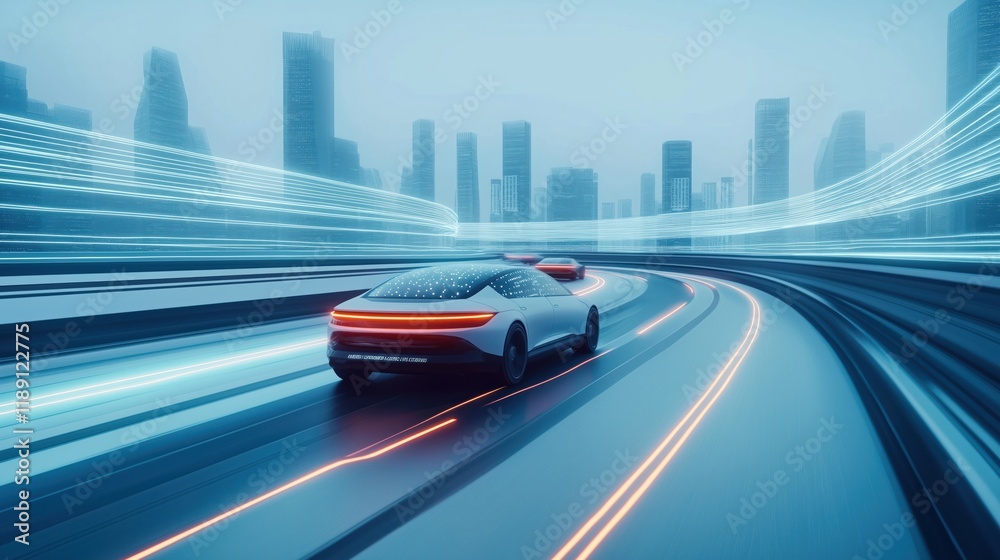 Futuristic autonomous vehicles navigate winding test track in modern city. AI-powered cars move smoothly on curved road surrounded by cityscape. Innovative urban design features sleek vehicles, Futuristic autonomous vehicles navigate winding test track in modern city. AI-powered cars move smoothly on curved road surrounded by cityscape. Innovative urban design features sleek vehicles,