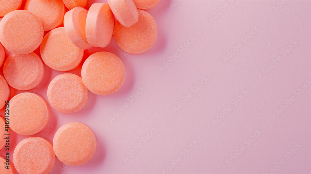 Close-up of vibrant orange tablets scattered on a bright pink background Close-up of vibrant orange tablets scattered on a bright pink background