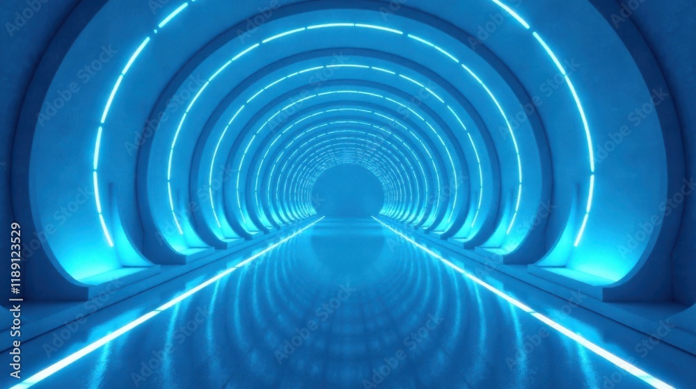 Fototapeta premium Futuristic Blue Neon Tunnel Corridor with Reflective Floor and Circular Lighting