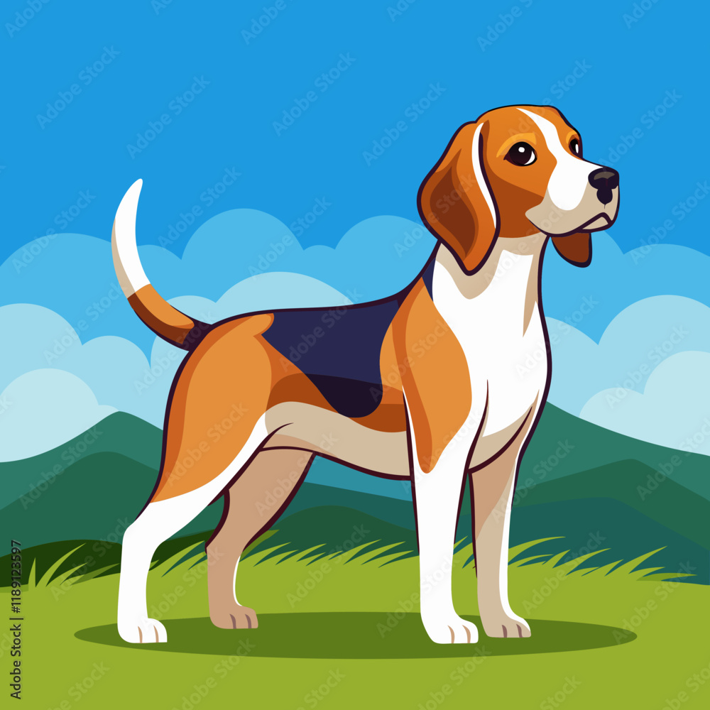 Beagle Hound Dog – Standing Alert with Detailed Fur Patterns, Realistic Illustration Beagle Hound Dog – Standing Alert with Detailed Fur Patterns, Realistic Illustration
