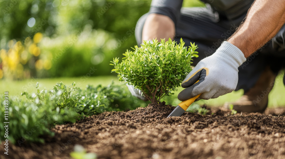 Naklejka premium gardener planting small bush in rich soil, showcasing care and dedication to gardening. lush greenery in background adds to serene atmosphere