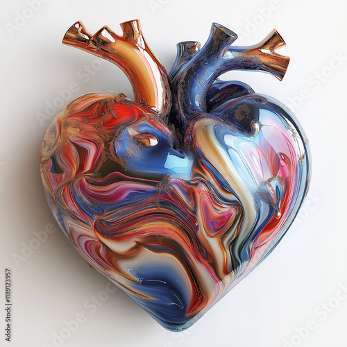 Striking abstract heart sculpture featuring a dynamic marbled effect with swirling patterns in blue, red, and metallic tones. 