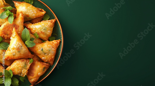 A close up of a plate of freshly prepared samosas and pakoras, garnished with mint leaves, placed on a solid dark green background.