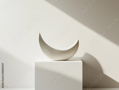 Minimalist White Crescent Sculpture with Dramatic Shadow Play