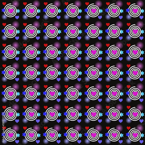 Seamless vector pattern design with circles and hearts in retro style