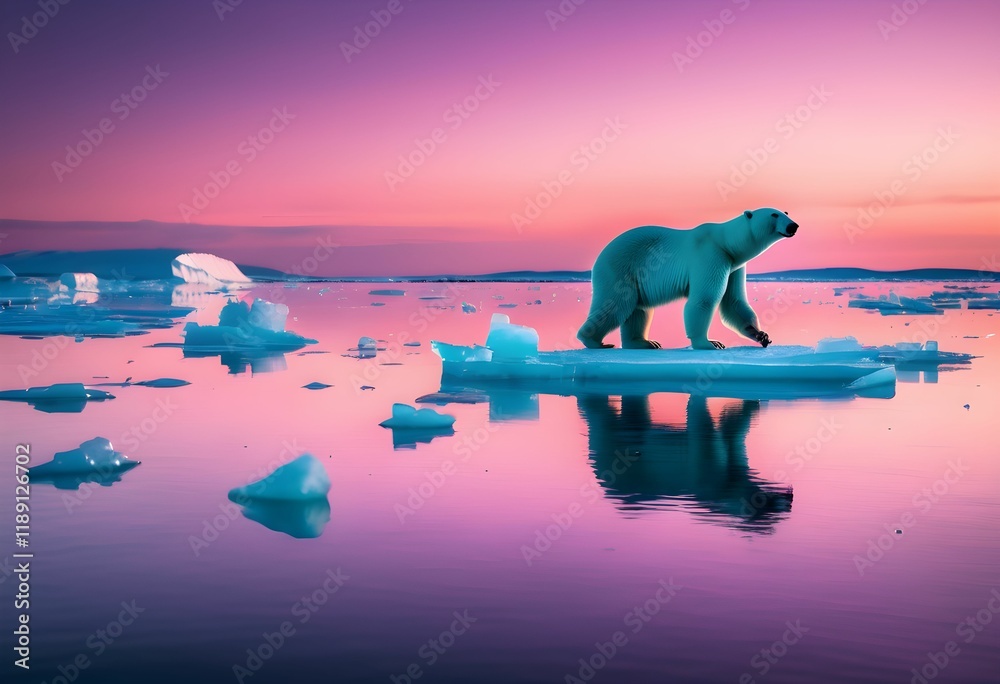 Fototapeta premium Polar Bear at Dusk on a Melting Ice Floe with Plastic Waste Drifting and Soft Hues in the Sky